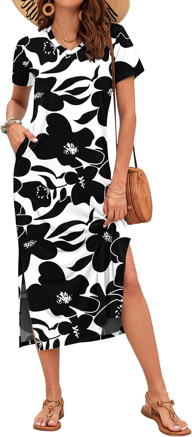 Celestia Women's Printed V-Neck Maxi Dress with Side Slits & Pockets