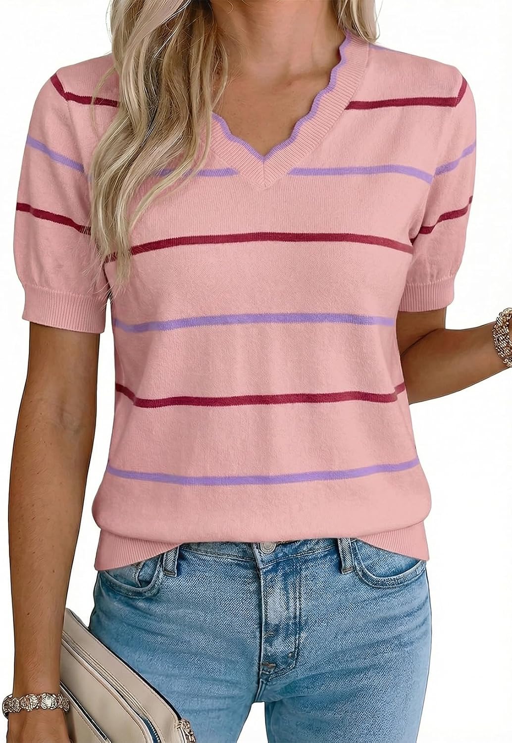 Bertram Women's Ruffle V-Neckline Knit Top – Short-Sleeve Design, Colour Block & Pullover