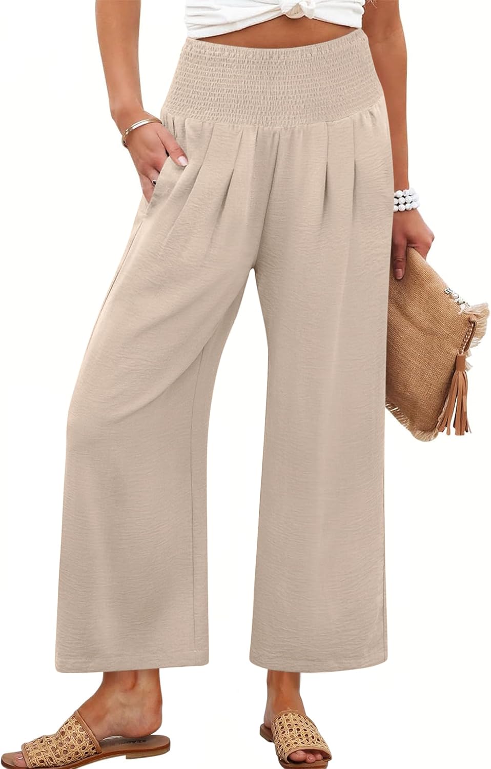 Bria - Wide Leg Palazzo Pants with Smocked High Waist, Pockets and Lightweight Fabric