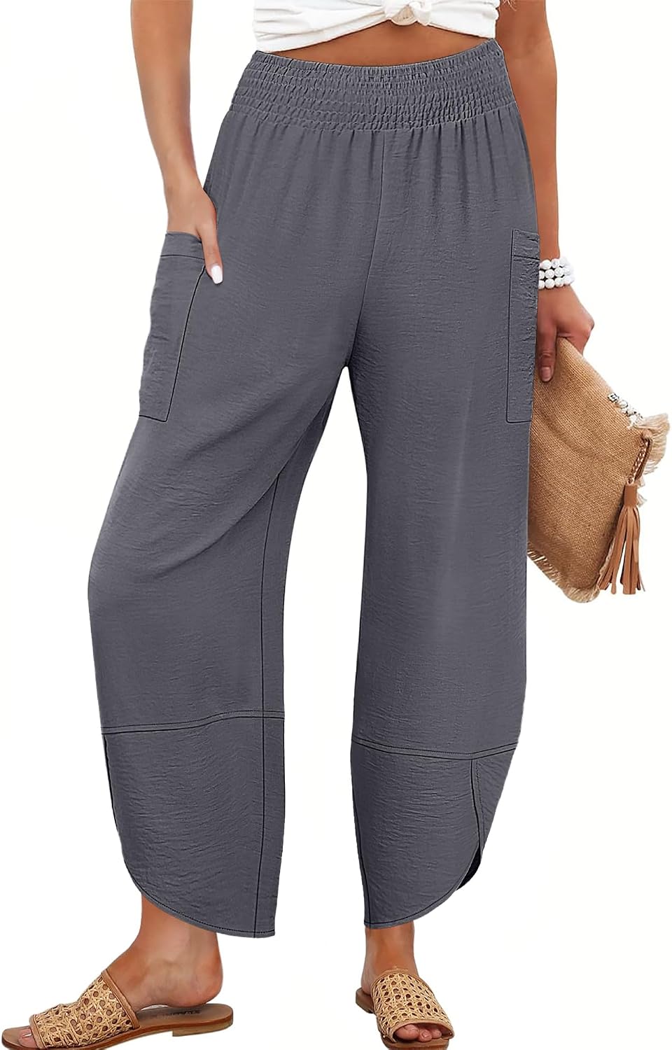 Maëlys Women's Smocked Waist Barrel Leg Cropped Pants with Utility Pockets