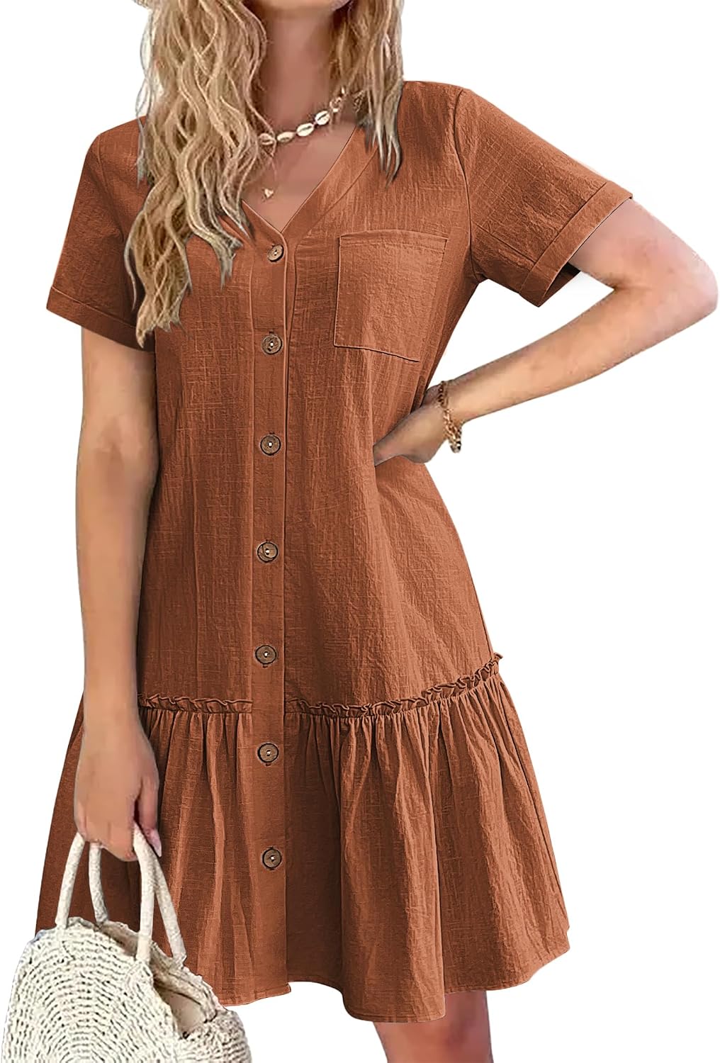Celestine Cotton Linen Button Front Mini Dress with V-Neck, Ruffle Hem and Pocket