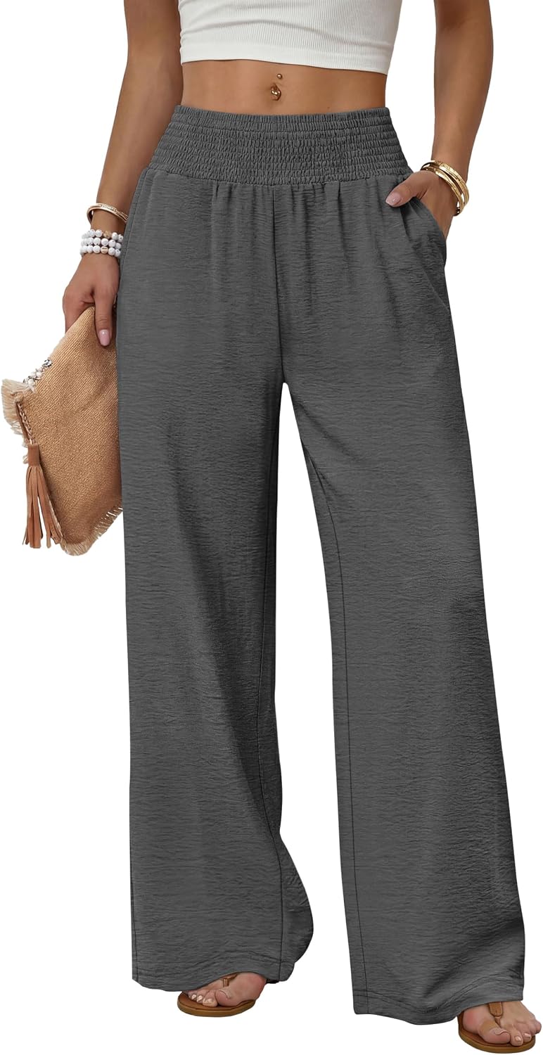 Solenne Women's High-Waisted Wide Leg Lounge Pants with Smocked Waist & Pockets