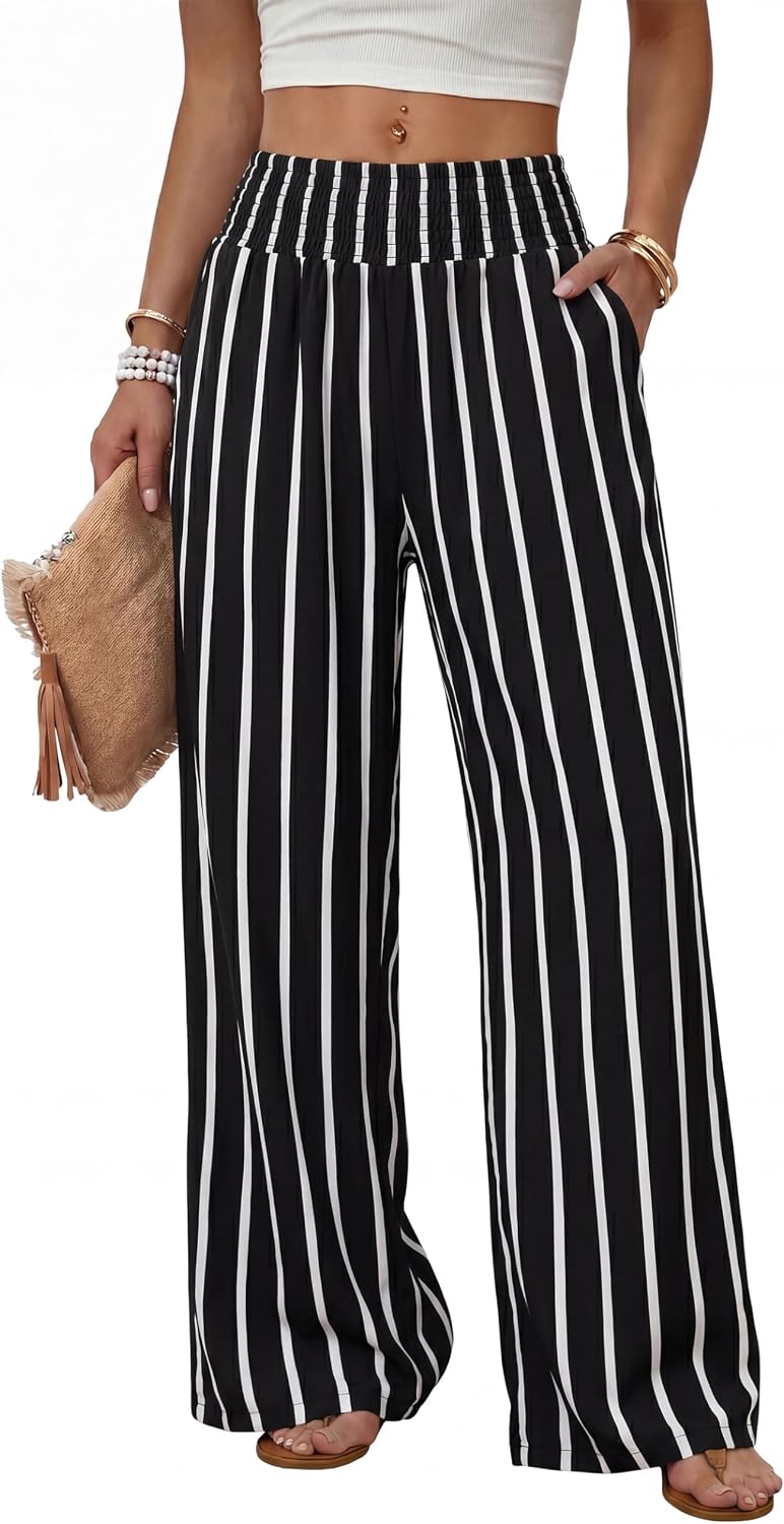 Solenne Women's High-Waisted Wide Leg Lounge Pants with Smocked Waist & Pockets