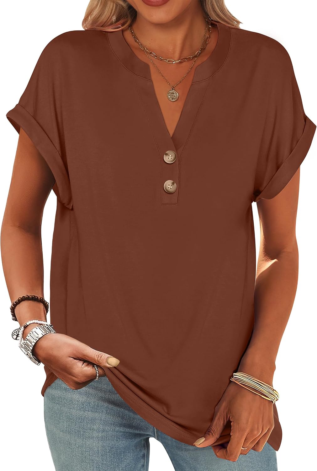 Colette Women's Henley V-Neck Tunic Top with Short Sleeves & Button Detail
