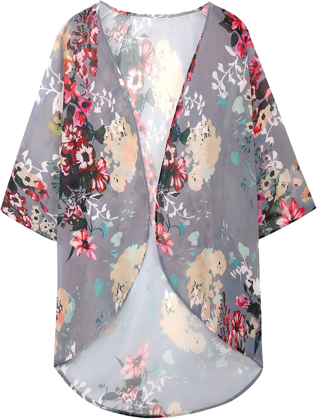Giselle - Floral Chiffon Open Front Kimono Cardigan Beach Cover Up for Women
