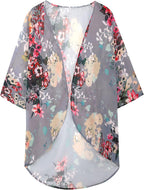 Giselle - Floral Chiffon Open Front Kimono Cardigan Beach Cover Up for Women