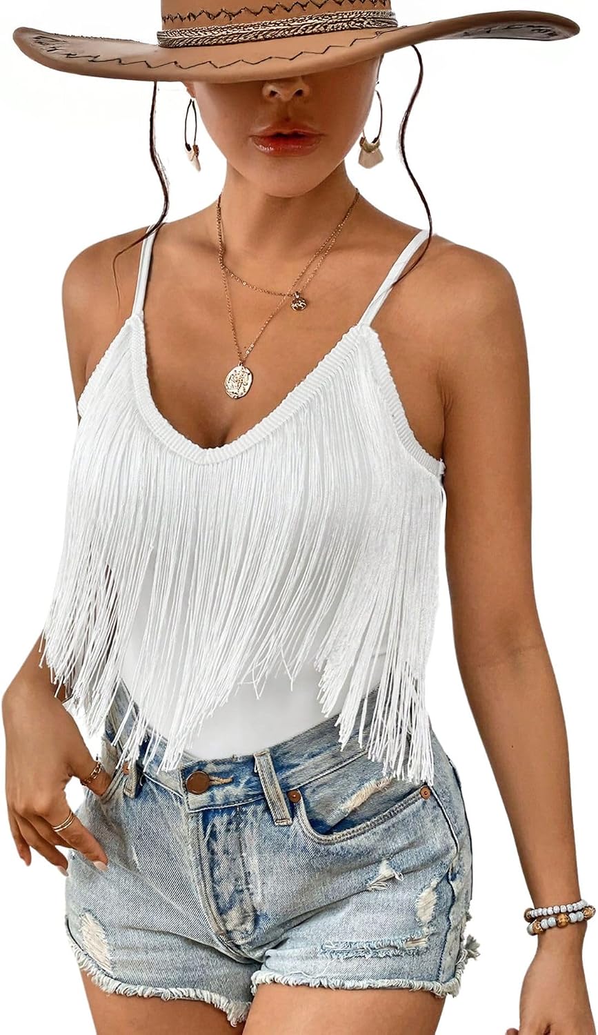 Mireya Fringe Tassel V-Neck Cami Tank Top with Adjustable Straps for Festival Style