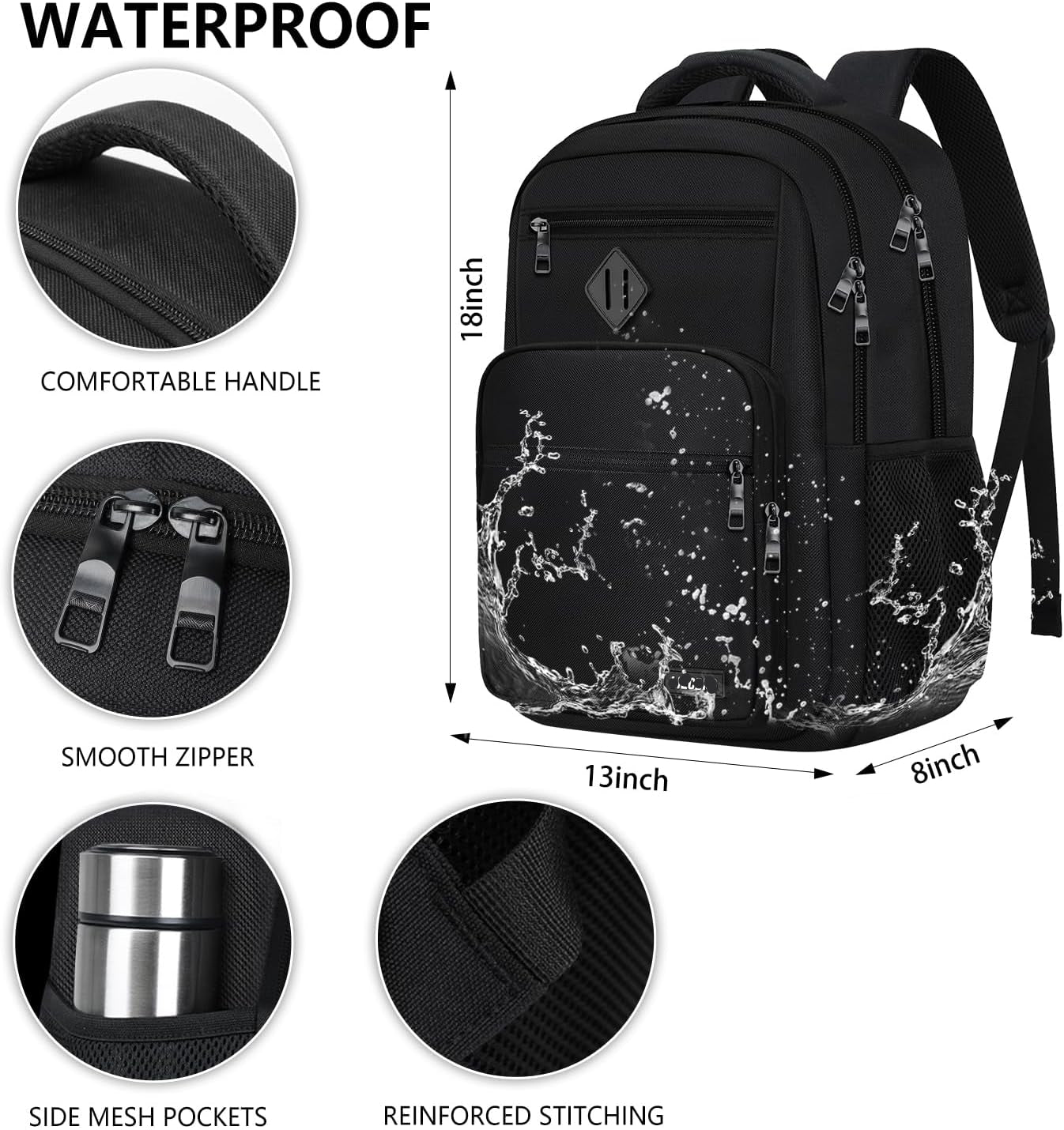 Jasper 30L Black Laptop Backpack with Anti-Theft Pocket and Padded Travel Straps