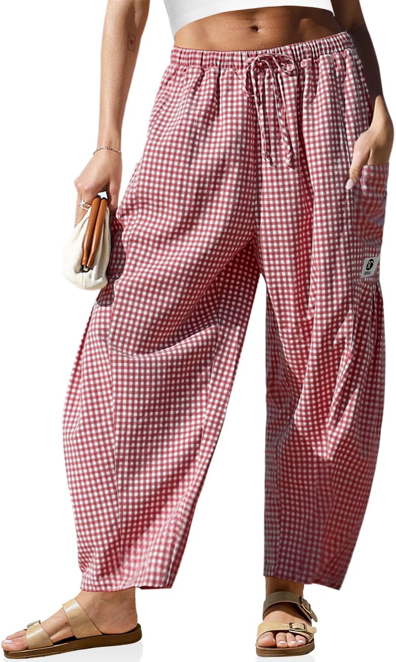 Blythe - Linen Blend Wide Leg Harem Pants with Gingham Check Drawstring Waist and Pockets