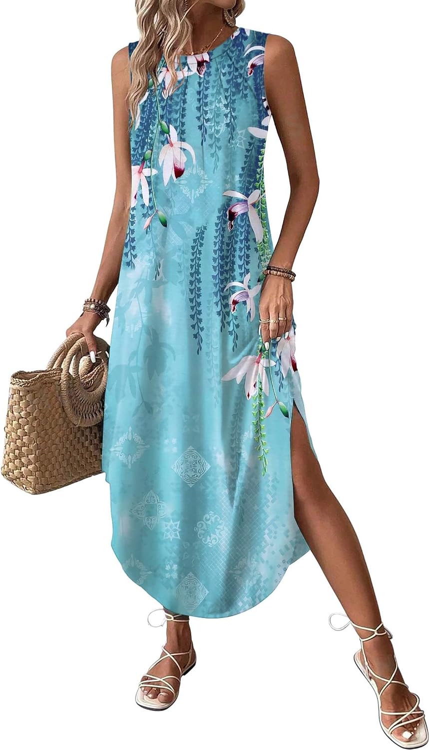 Élodiane Women's Tropical Floral Maxi Dress with Side Slit & Pockets