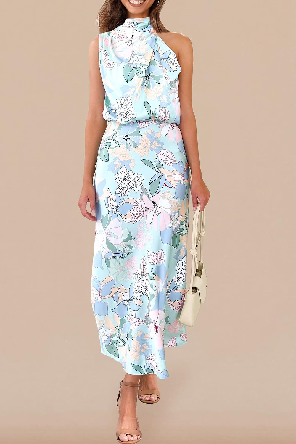 Vivienne Women's Satin Mock Neck Maxi Dress with Asymmetrical Shoulder & Flowy Skirt