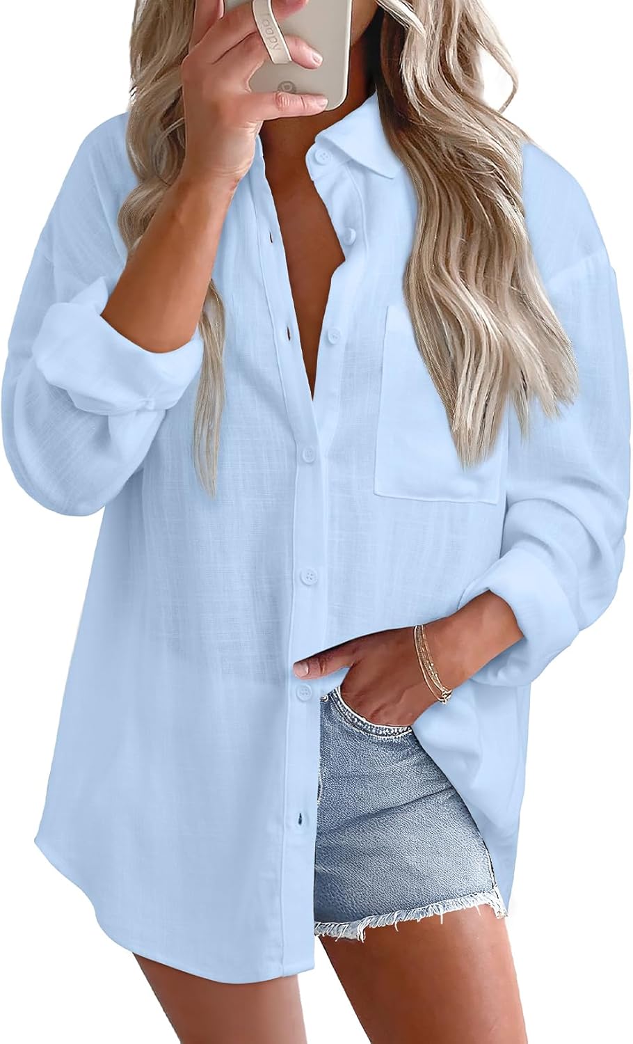 Freja Linen Blend Oversized Button-Down Roll Sleeve Collared Women's Relaxed Shirt Blouse