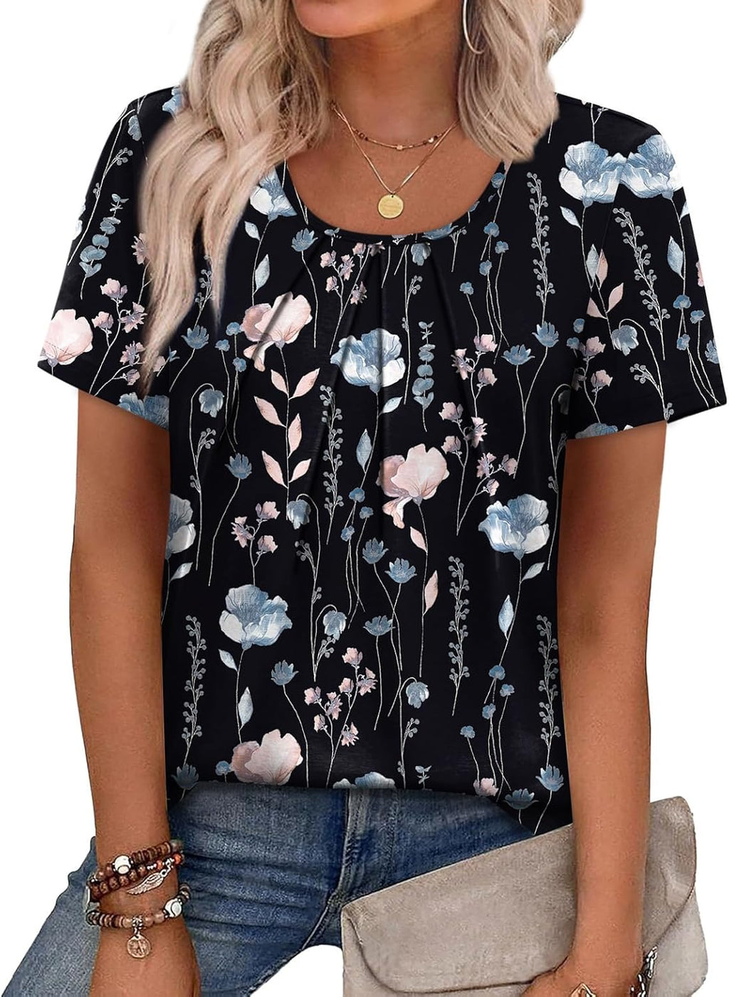 Noemi Women's Pleated Scoop Neck Blouse with Relaxed Short Sleeves