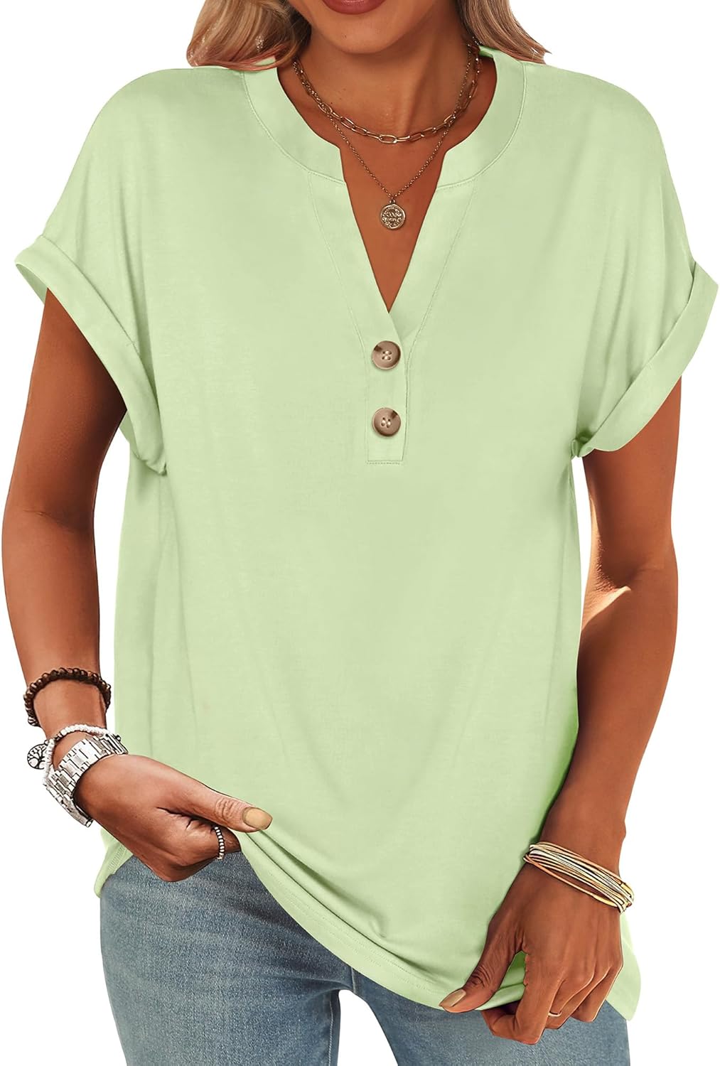 Colette Women's Henley V-Neck Tunic Top with Short Sleeves & Button Detail