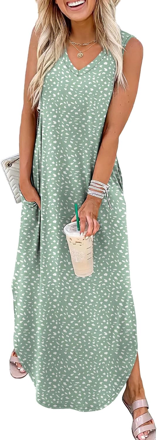 Mayumi Sleeveless V-Neck Maxi Sundress with Side Slit Pockets for Summer Beach Holidays