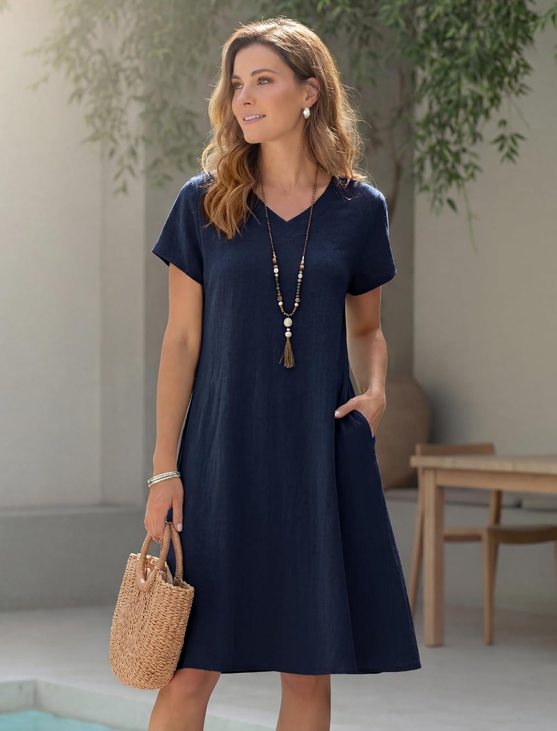 Mireya Cotton Linen Blend Shift Dress with V-Neck, Short Sleeves and Side Pockets