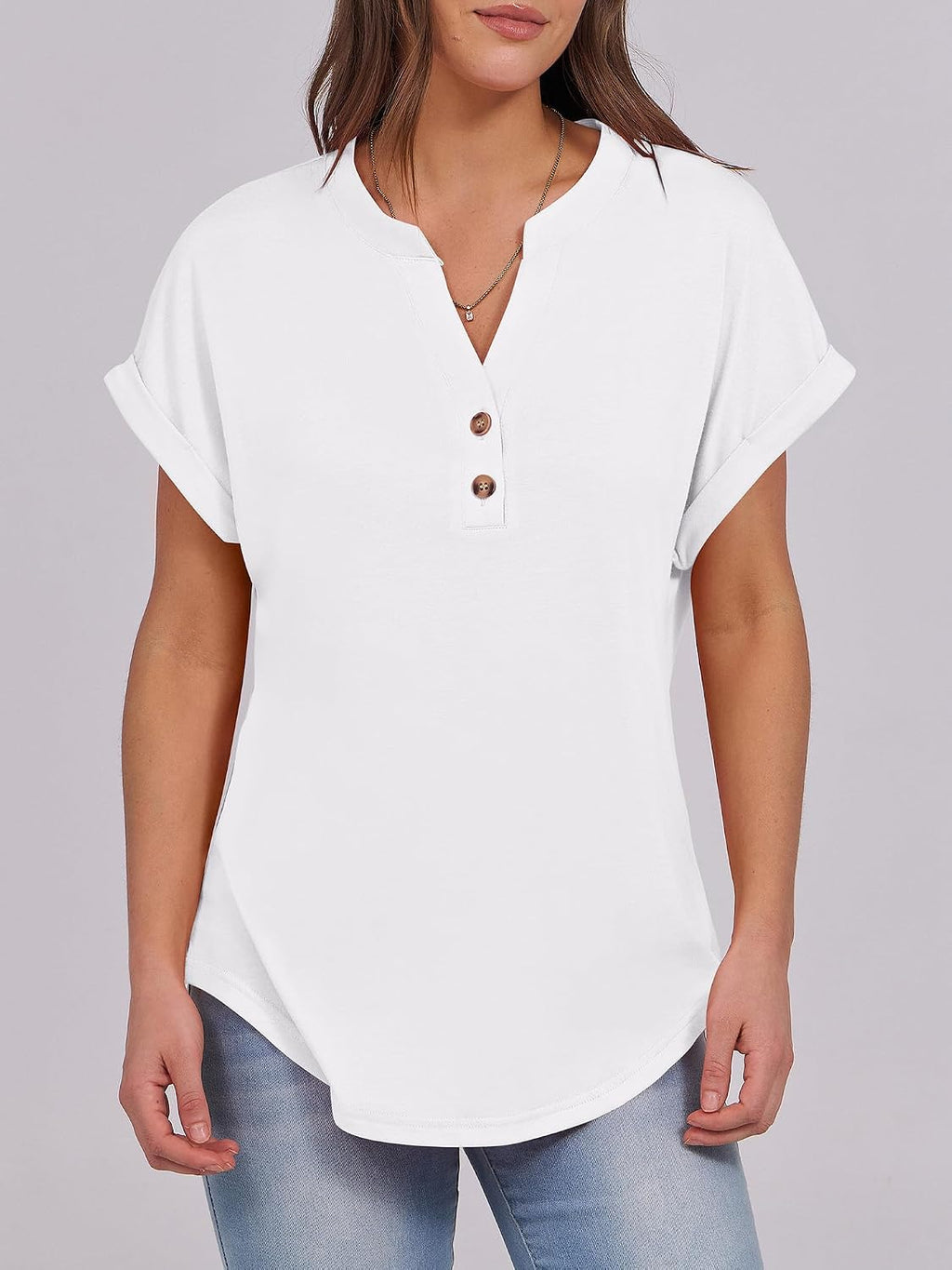 Colette Women's Henley V-Neck Tunic Top with Short Sleeves & Button Detail