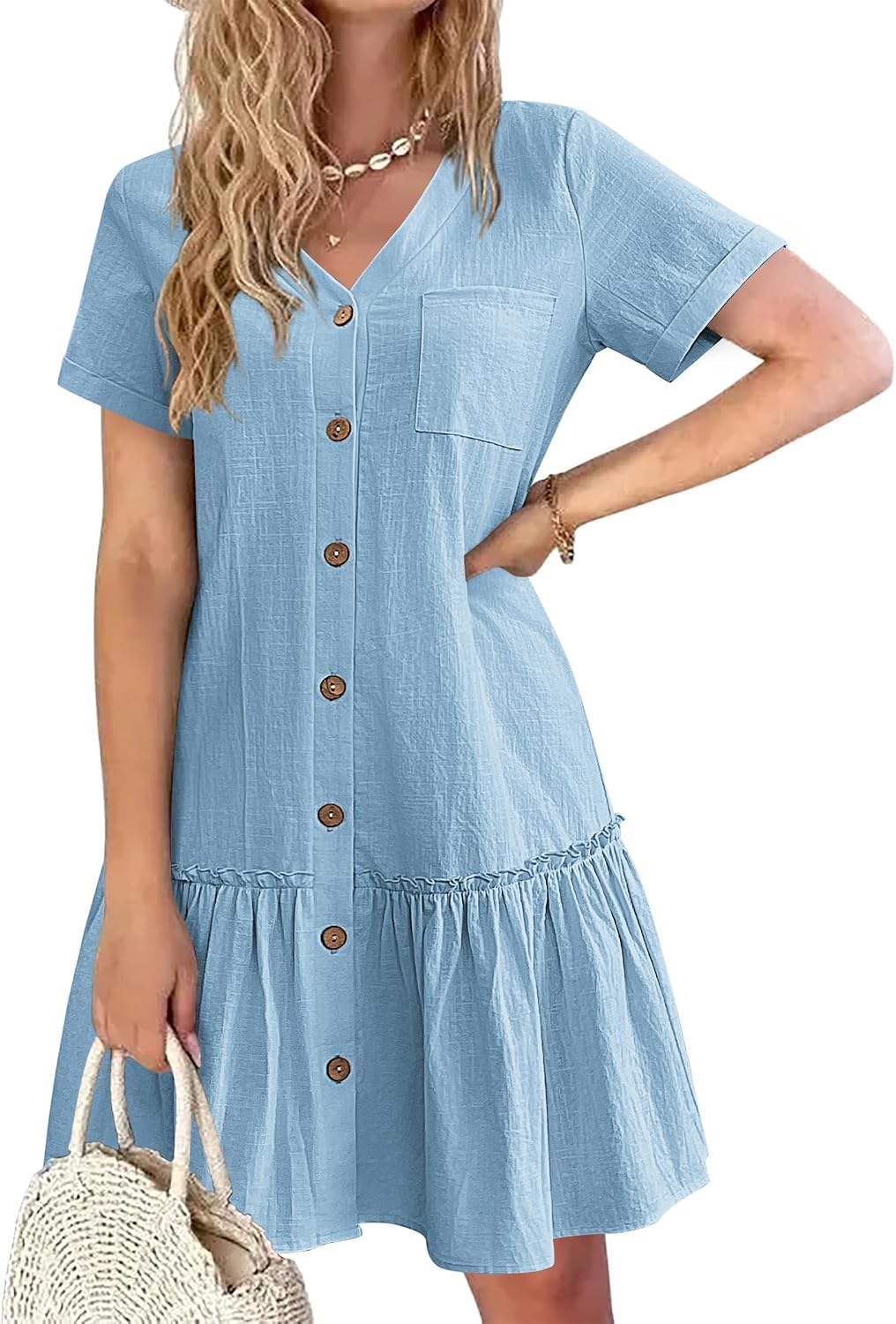Celestine Cotton Linen Button Front Mini Dress with V-Neck, Ruffle Hem and Pocket