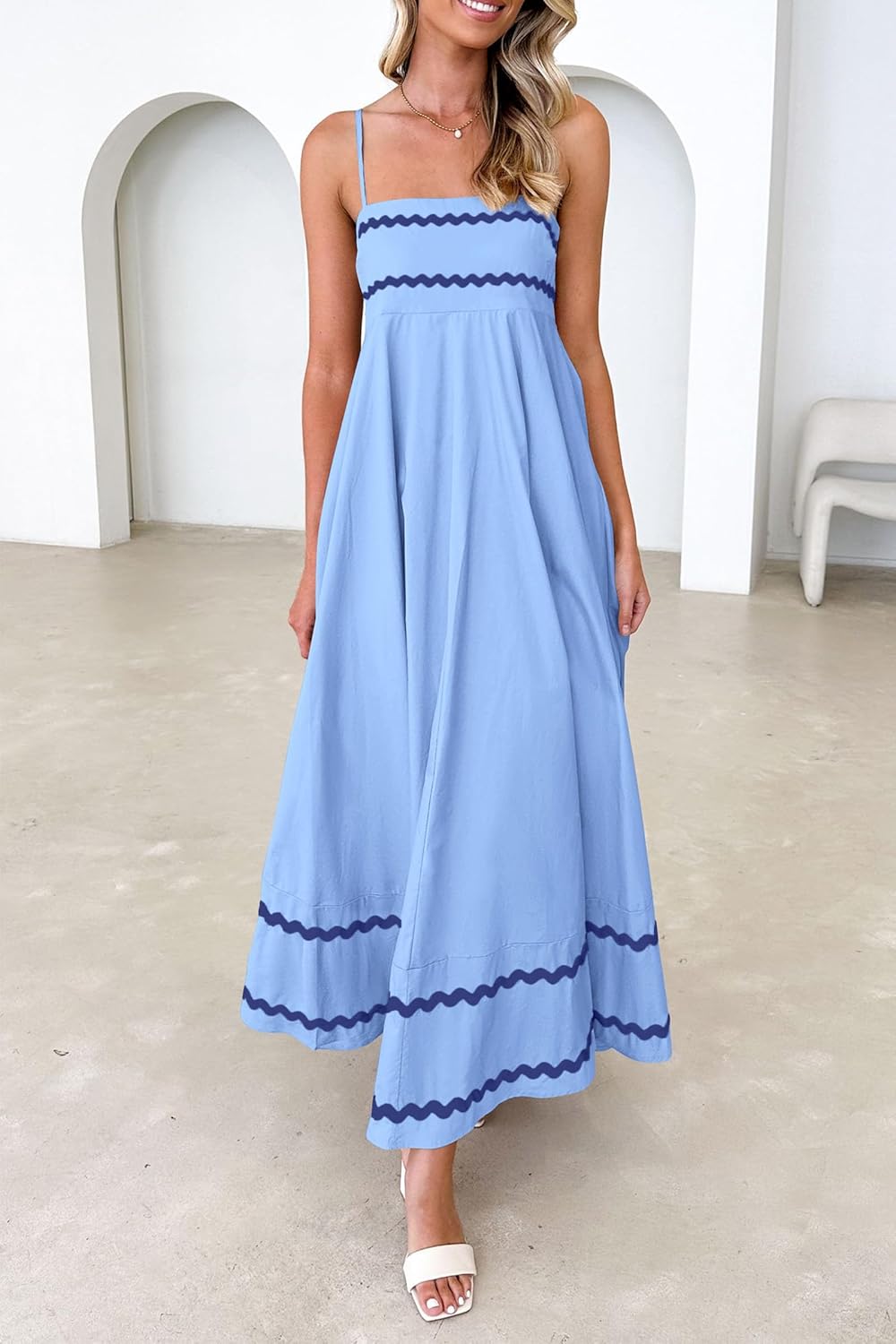 Ysabelle Spaghetti Strap Boho Maxi Dress with Square Neck and Contrast Trim Details