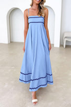 Ysabelle Spaghetti Strap Boho Maxi Dress with Square Neck and Contrast Trim Details