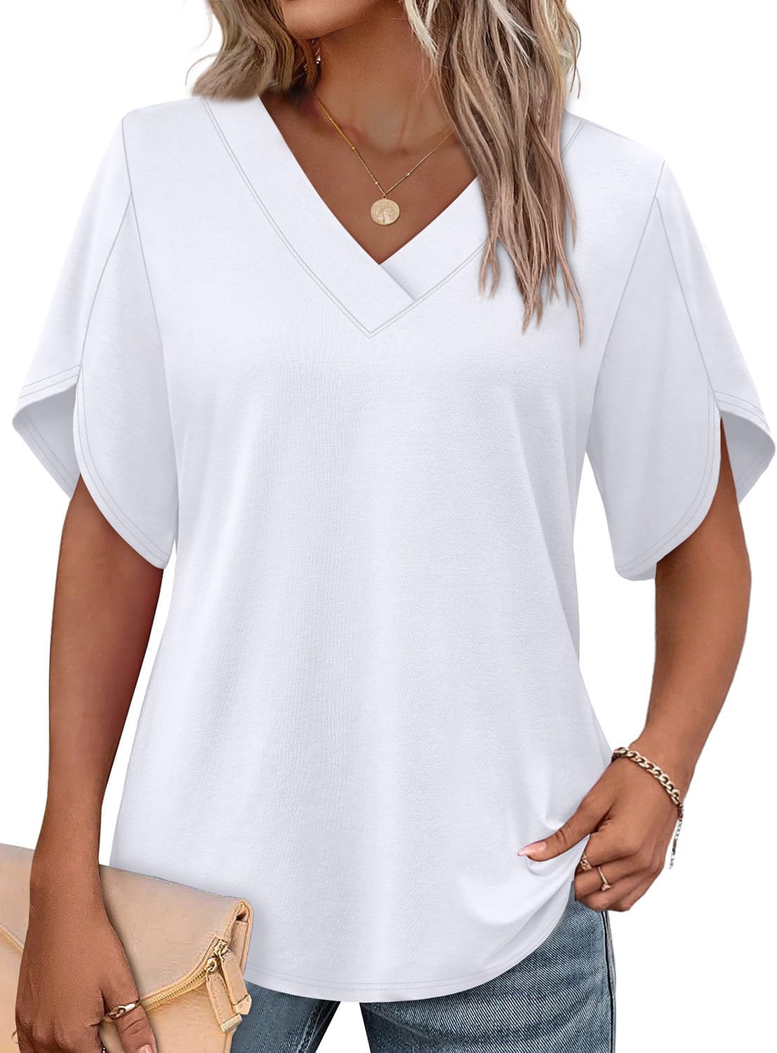 Floriane Women's V-Neck Petal Sleeve Blouse with Relaxed Everyday Fit
