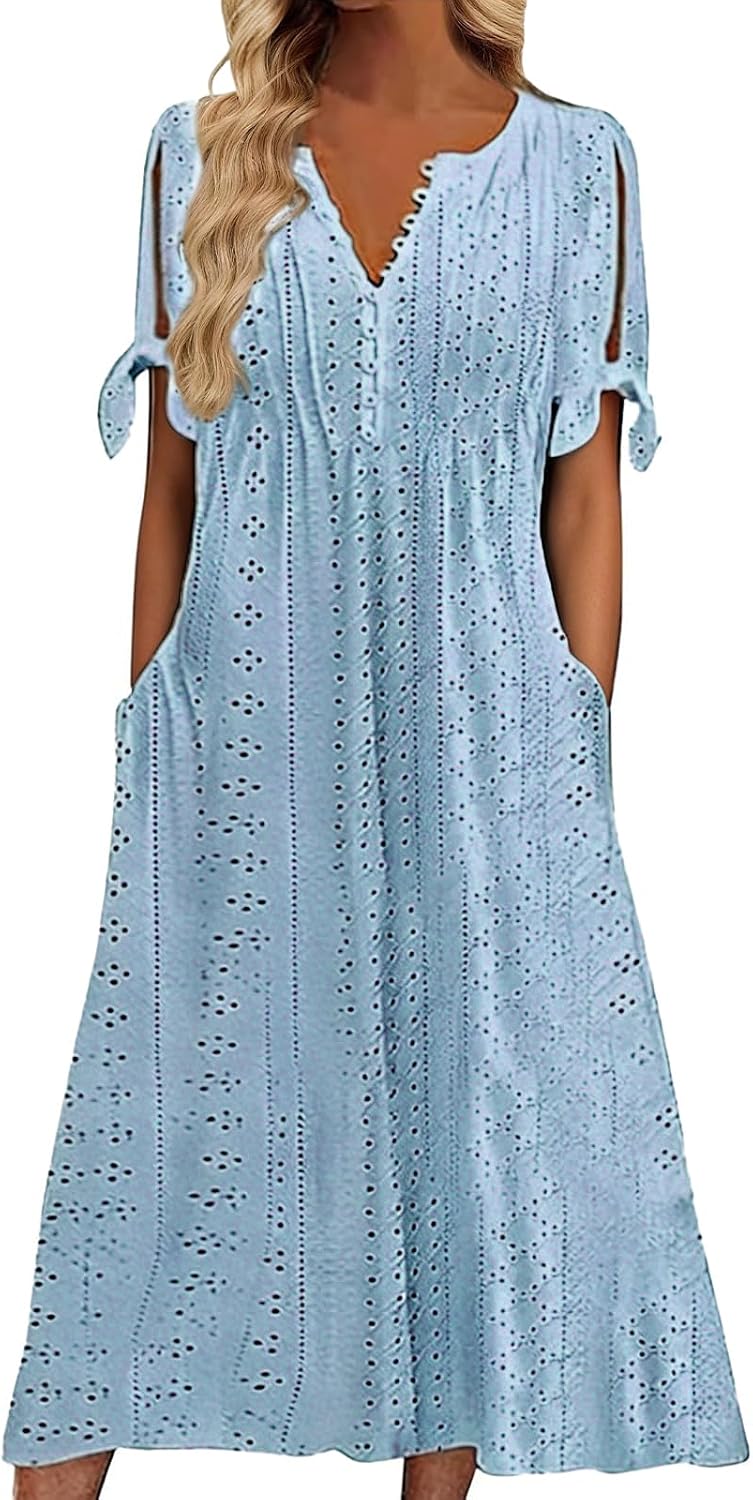 Maren Women's Eyelet V-Neck Maxi Dress with Tie Sleeves and Pockets