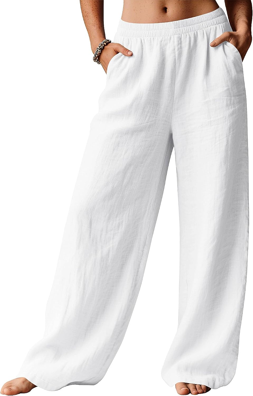 Marites - Linen Blend Wide Leg Palazzo Pants with Elastic Waist and Side Pockets