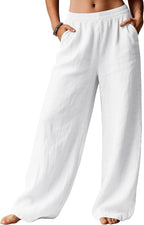 Marites - Linen Blend Wide Leg Palazzo Pants with Elastic Waist and Side Pockets