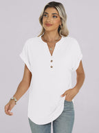 Colette Women's Henley V-Neck Tunic Top with Short Sleeves & Button Detail