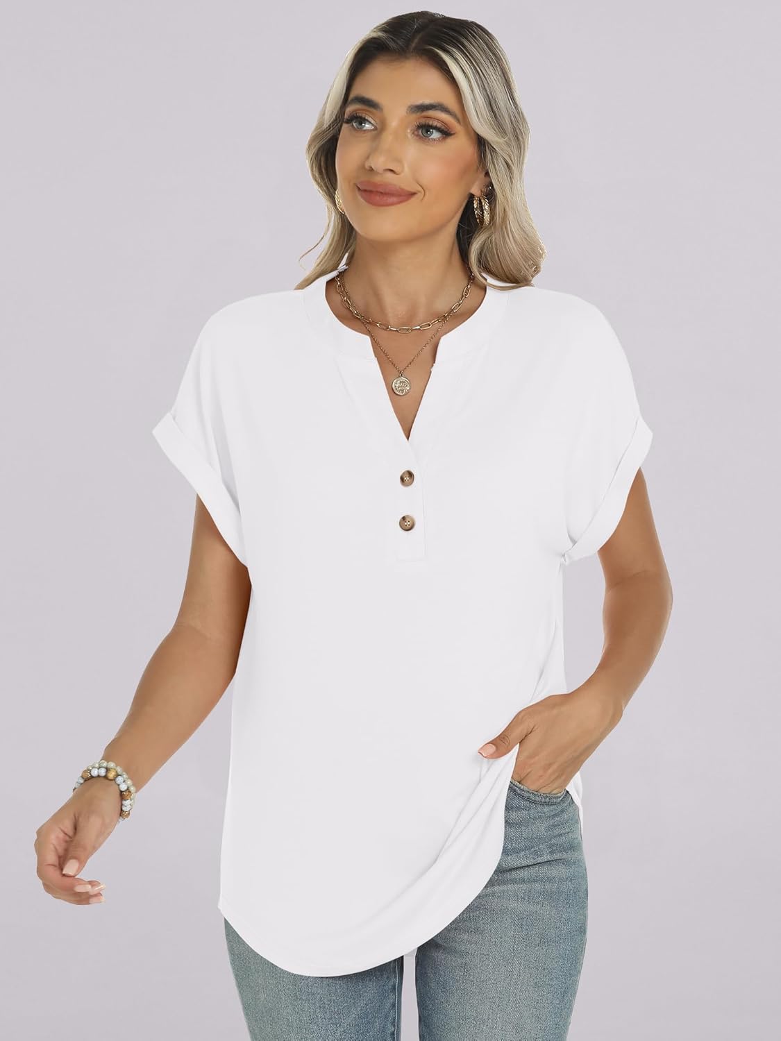 Colette Women's Henley V-Neck Tunic Top with Short Sleeves & Button Detail