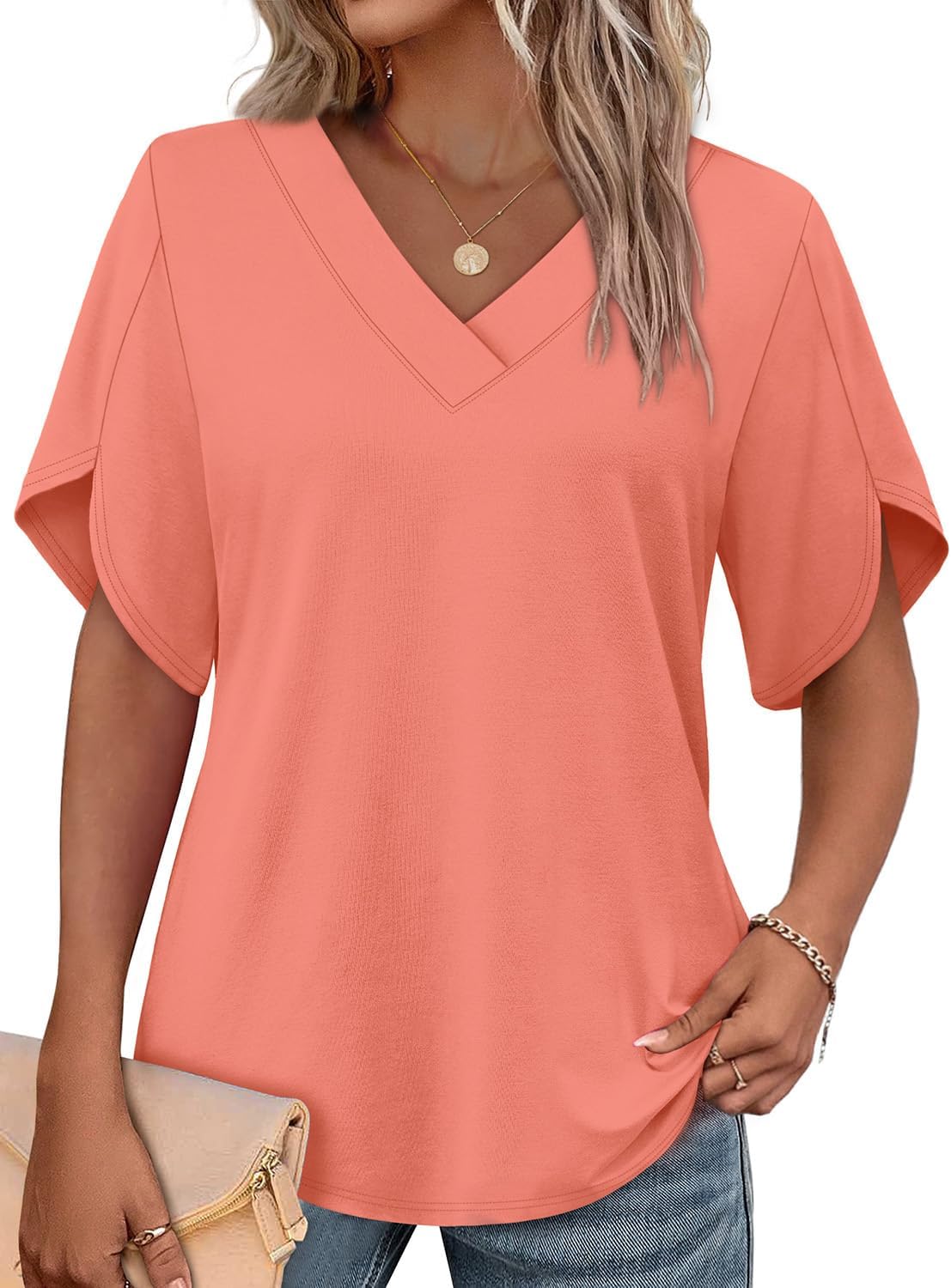Floriane Women's V-Neck Petal Sleeve Blouse with Relaxed Everyday Fit