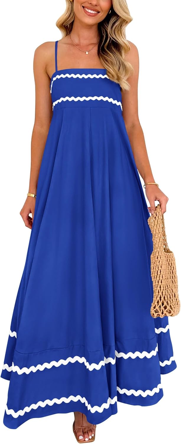 Ysabelle Spaghetti Strap Boho Maxi Dress with Square Neck and Contrast Trim Details
