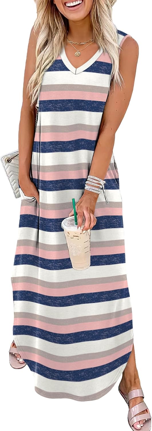Mayumi Sleeveless V-Neck Maxi Sundress with Side Slit Pockets for Summer Beach Holidays