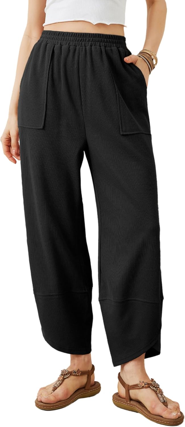 Gareth Women's Wide-Leg Palazzo Trousers – Smocked Waist, Curved Hem & Side Slip Pockets