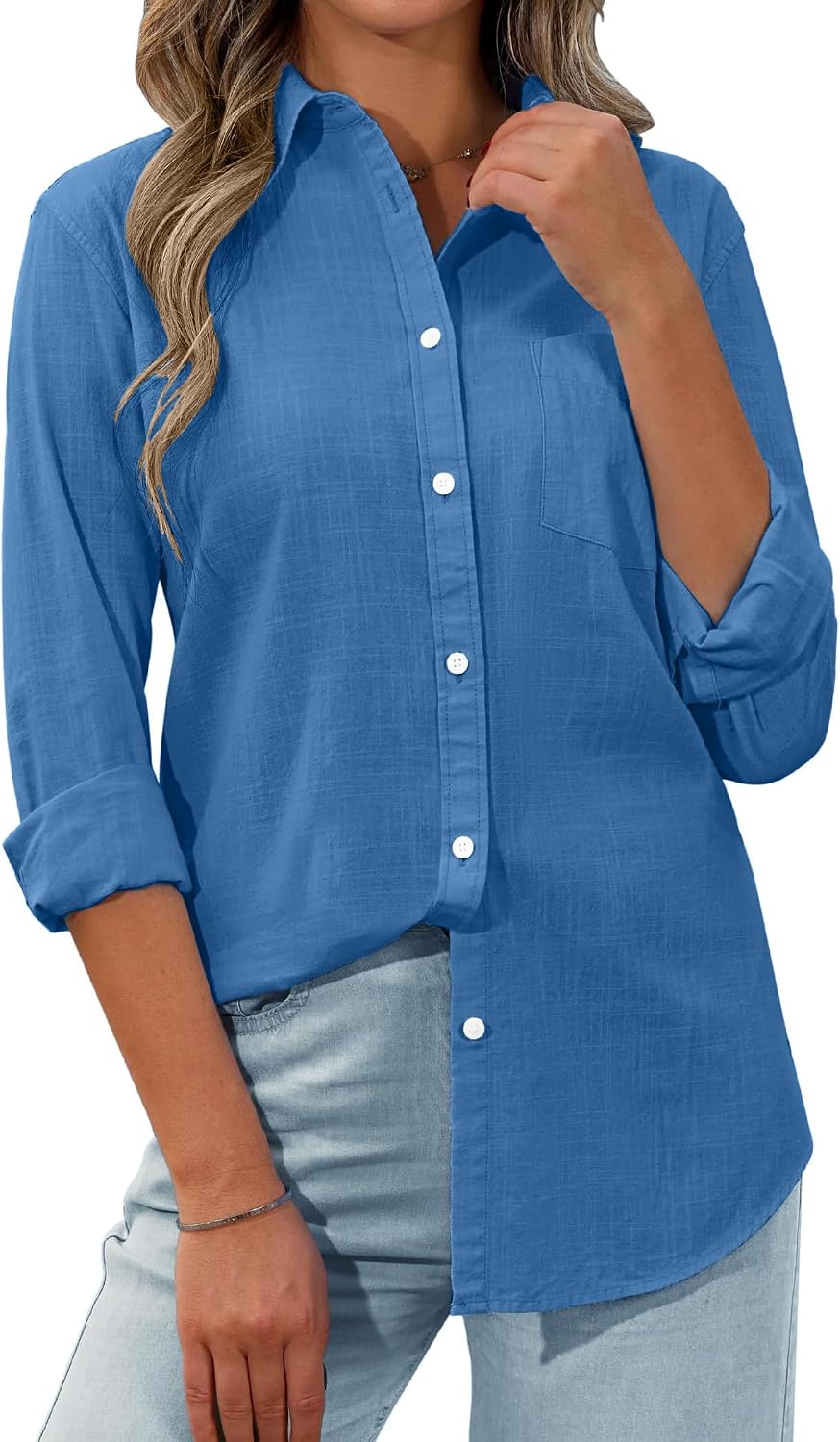 Margarita - Linen Blend Long Sleeve Button Down Shirt with Pocket Casual Summer Blouse
