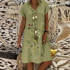 Mireille Floral Print Linen Blend T-Shirt Dress – V-Neck Short Sleeve Mini
