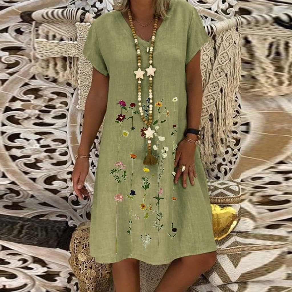 Mireille Floral Print Linen Blend T-Shirt Dress – V-Neck Short Sleeve Mini