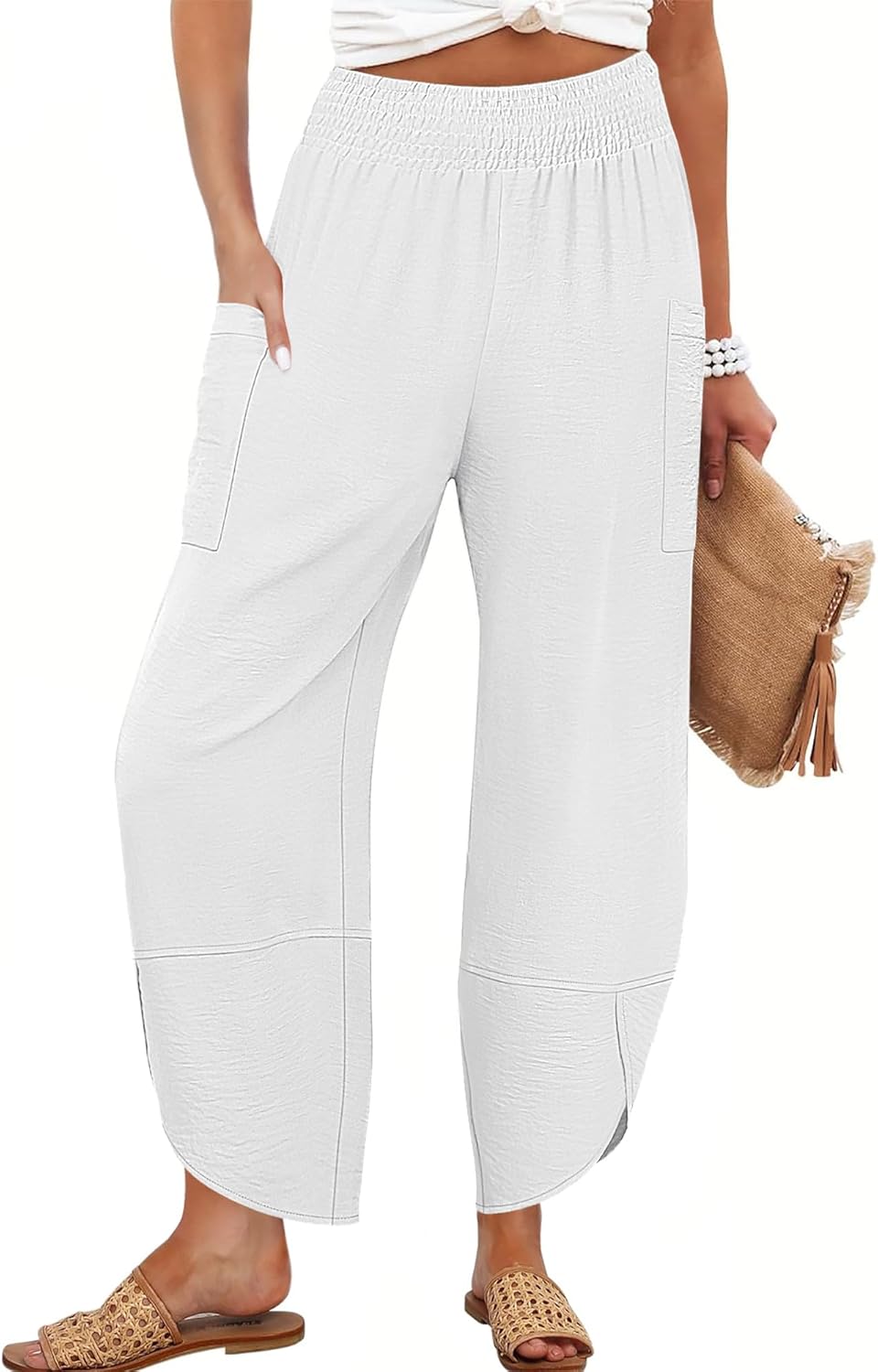 Maëlys Women's Smocked Waist Barrel Leg Cropped Pants with Utility Pockets