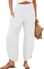 Maëlys Women's Smocked Waist Barrel Leg Cropped Pants with Utility Pockets