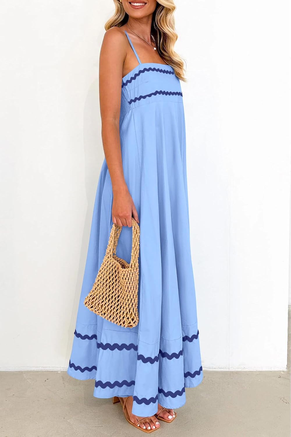 Ysabelle Spaghetti Strap Boho Maxi Dress with Square Neck and Contrast Trim Details