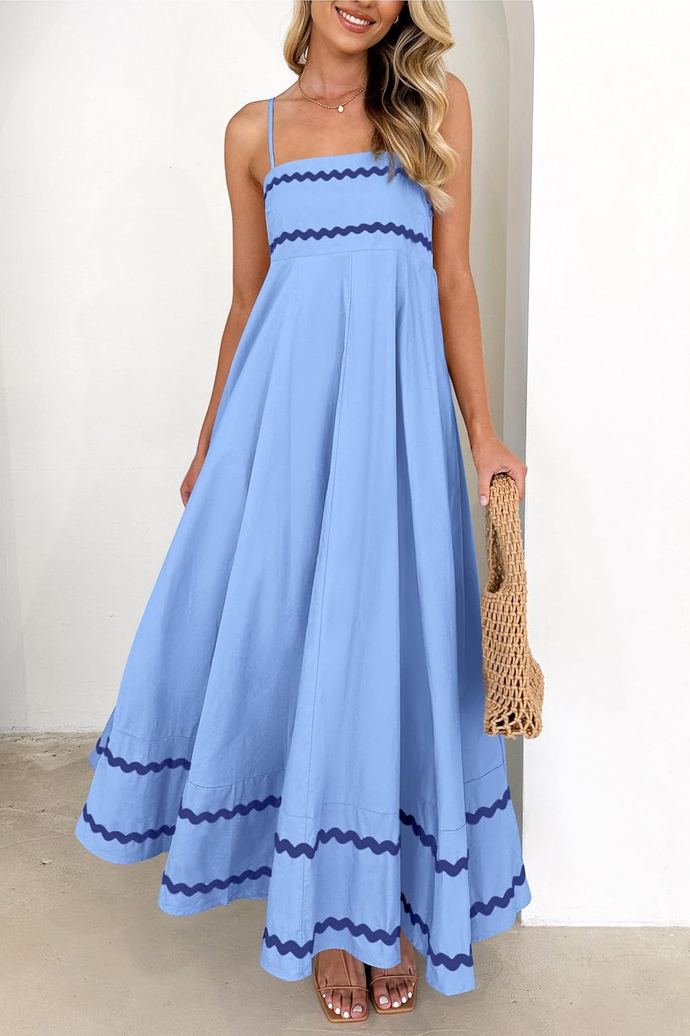 Ysabelle Spaghetti Strap Boho Maxi Dress with Square Neck and Contrast Trim Details