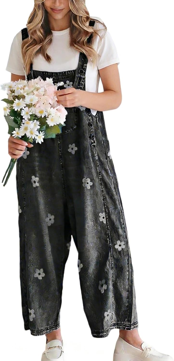 Malcolm Women's Floral Denim Overalls – Wide Leg, Adjustable Straps & Multiple Handy Pockets