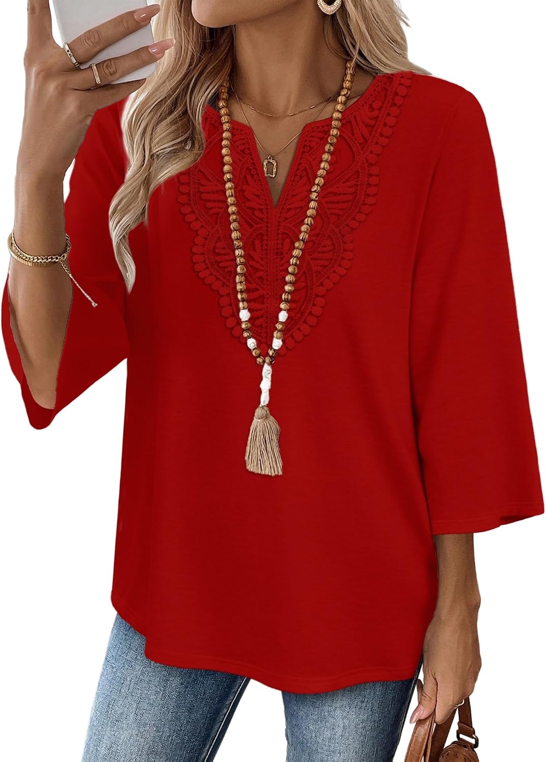 Elowise Women's Boho V-Neck Lace Blouse with 3/4 Sleeves & Curved Hem