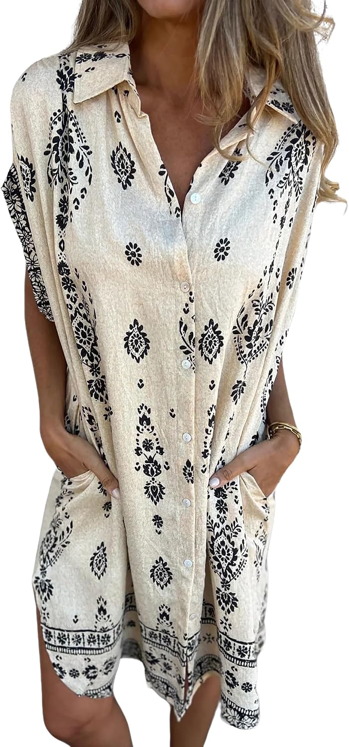 Kyla Printed Linen Shirt Dress – Button-Up Short Sleeve Mini Dress with Pockets