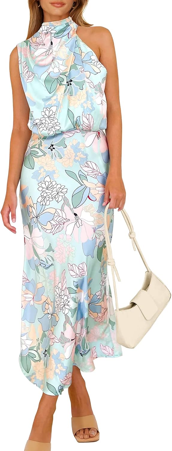 Vivienne Women's Satin Mock Neck Maxi Dress with Asymmetrical Shoulder & Flowy Skirt