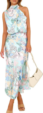 Vivienne Women's Satin Mock Neck Maxi Dress with Asymmetrical Shoulder & Flowy Skirt