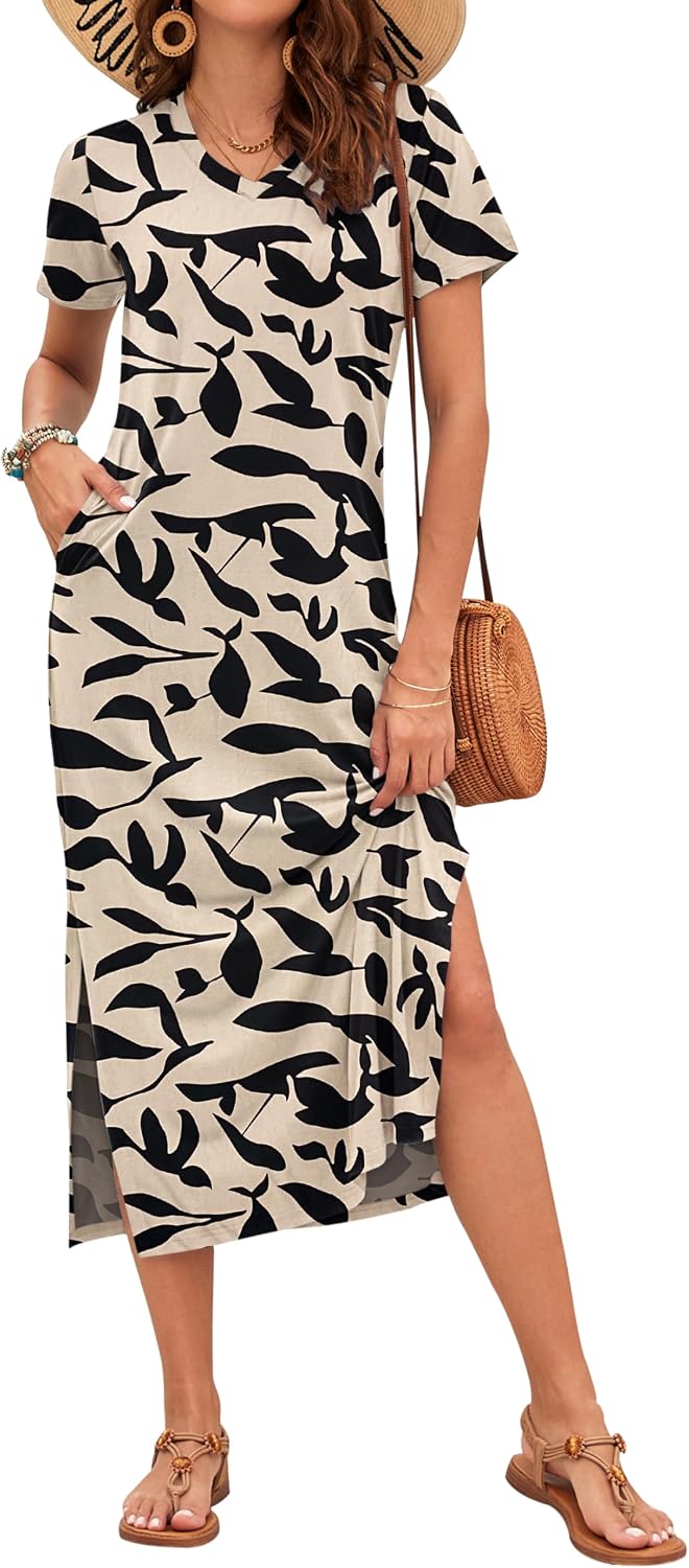 Celestia Women's Printed V-Neck Maxi Dress with Side Slits & Pockets