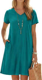 Mireya Cotton Linen Blend Shift Dress with V-Neck, Short Sleeves and Side Pockets