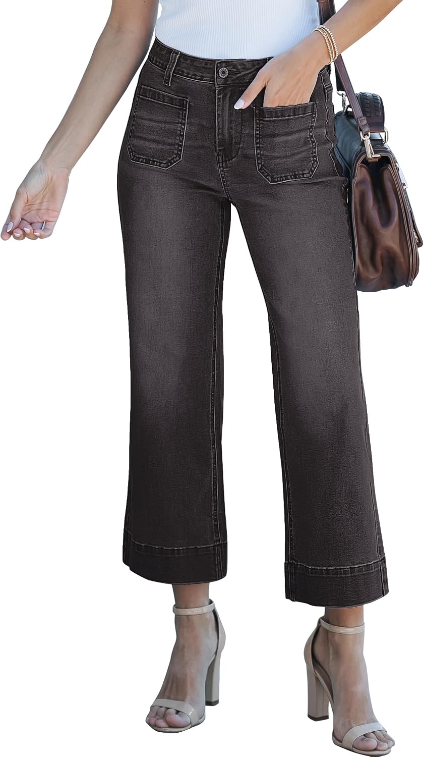 Corinne Women's High-Waisted Cropped Wide Leg Denim Jeans with Patch Pockets