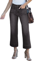 Corinne Women's High-Waisted Cropped Wide Leg Denim Jeans with Patch Pockets